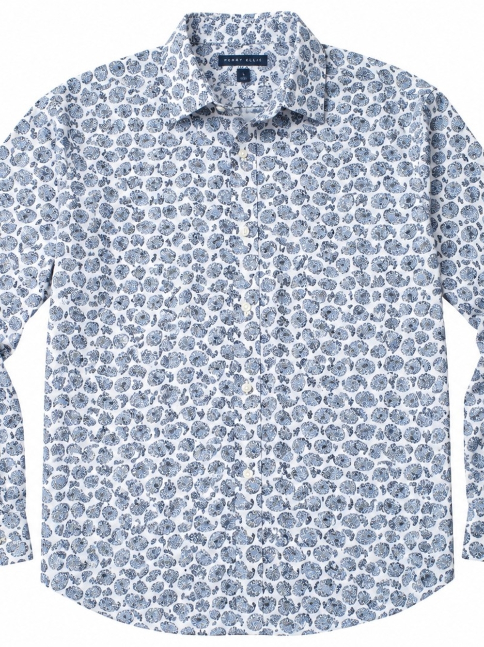 Large. Perry Ellis White Button-Down Shirt with Blue Floral Print